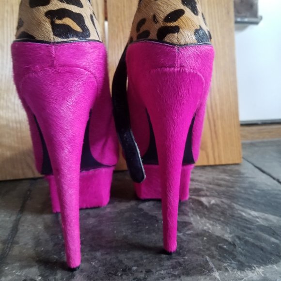Rare size 11 Pink and Leopard Pony Hair 7 Inch Platform Heels - Picture 5 of 16